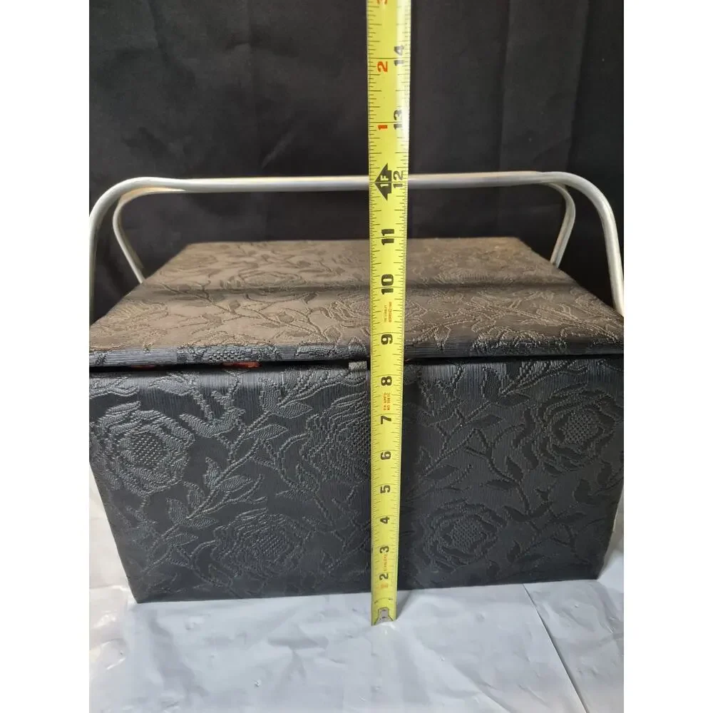 Black Flower Print Sewing Box Storage With Removable Top Tray & Pin Cushion